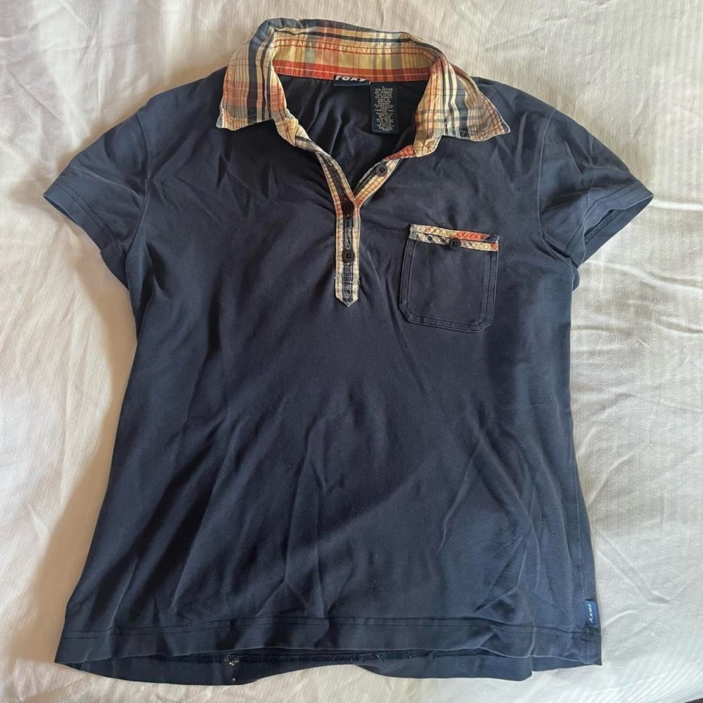Roxy navy blue polo shirt with plaid collar